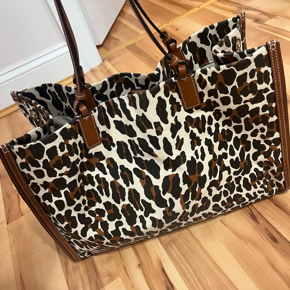 Tory Burch Leopard Print Canvas Tote with Brown Leather Trim - Picture 5 of 9